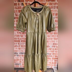 Olive Green Midi Faux Leather Dress